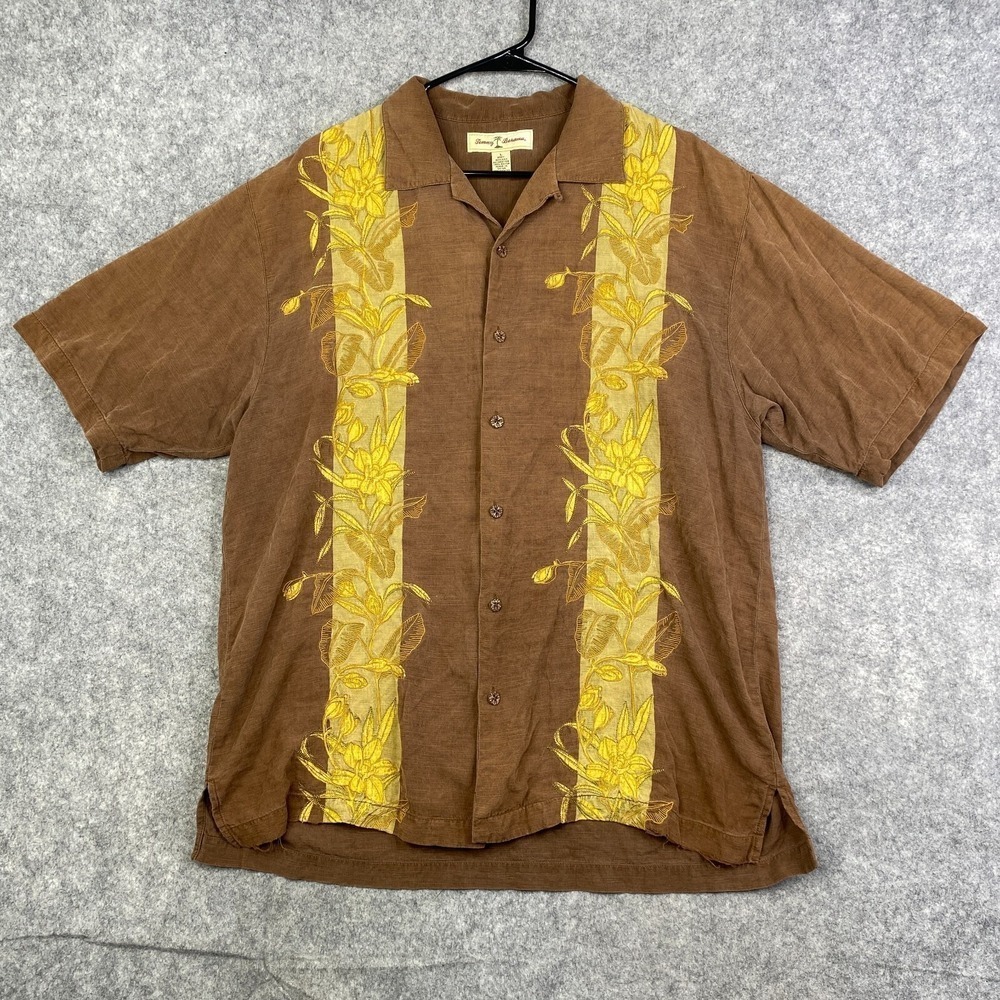 Tommy Bahama Mens Shirt Button Up Hawaiian Size Large Silk Brown Embroidered